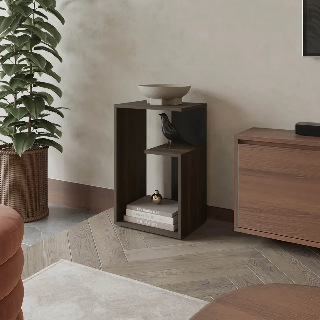 Vega Side Table Melamine Open Storage Camel Black Multi Primary Accent Table fm furniture