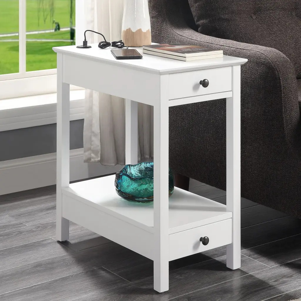 White Storage Accent Table USB Charging Station Living Room Modern Design furniture max