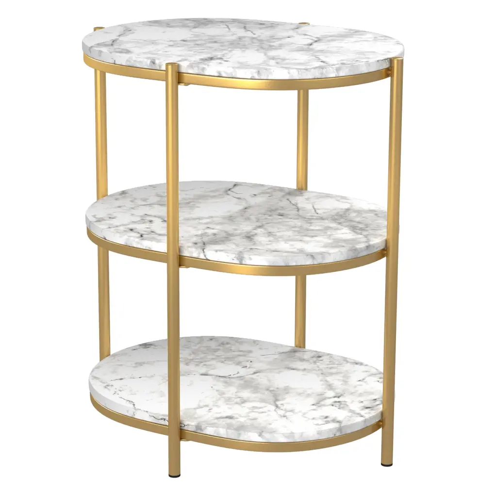 Furniture America Knott Faux Marble 3-Shelf Side Table Gold Finish