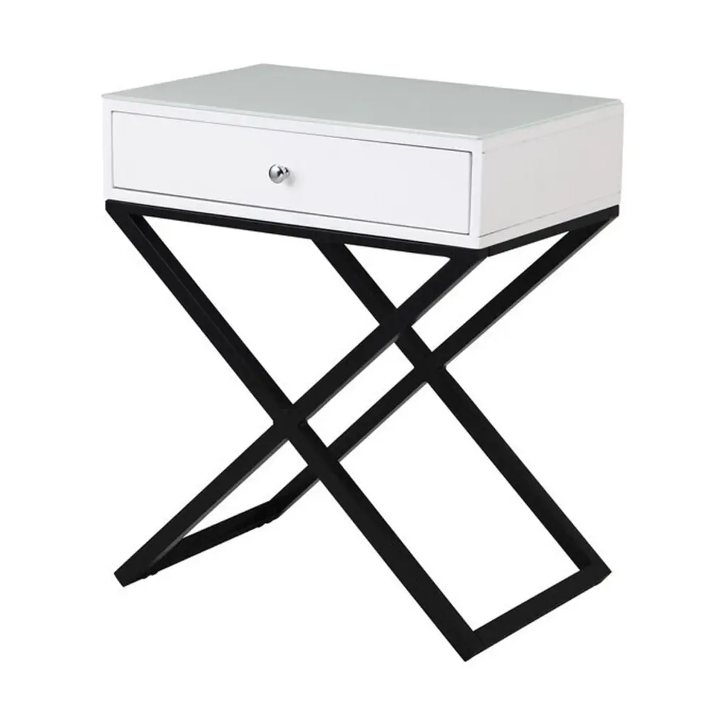 Maykoosh Tribal Treasures Wooden End Side Table Nightstand Glass Top Drawer and Metal Cross Base
