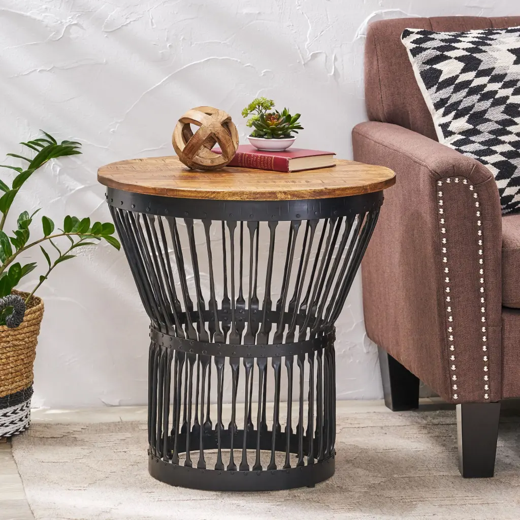 Side Table Natural Black Wood Metal Accent Living Room Furniture nh-cloudhouse