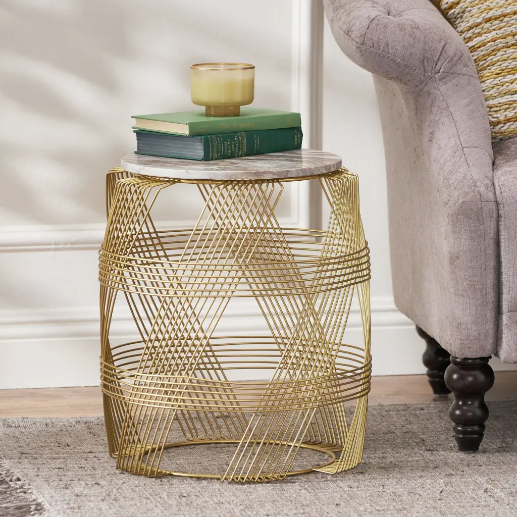 Round Wire Table Marble Top Gold Metal Frame Side Table nh-comfortcove