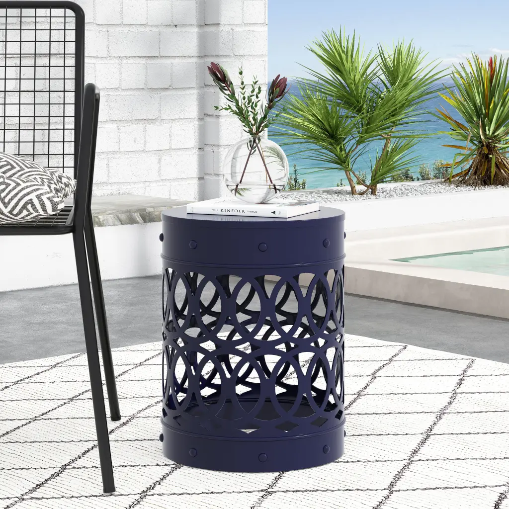 Outdoor Metal End Table Large Navy Blue Iron Patio Furniture nh-gardenpara