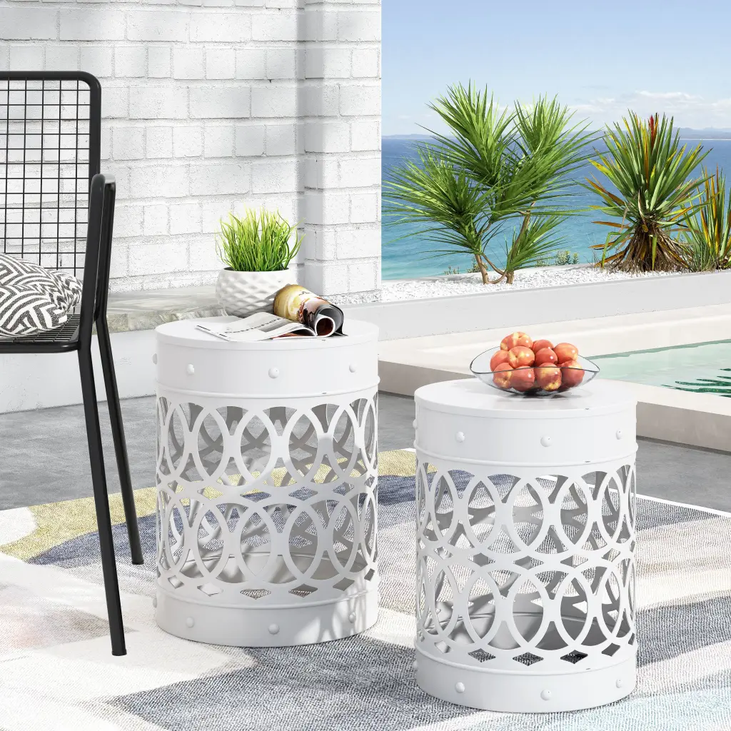 Outdoor Metallic S End Table White, Ferrous Metal Side Table Patio nh-gardenpara