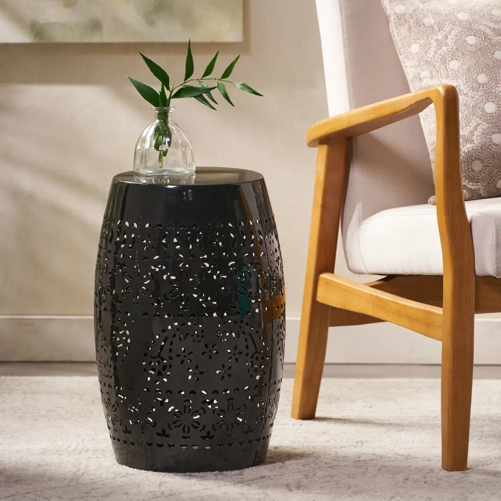 Belle Outdoor 12 Inch Black Lace Cut Iron Side Table Patio Noble House