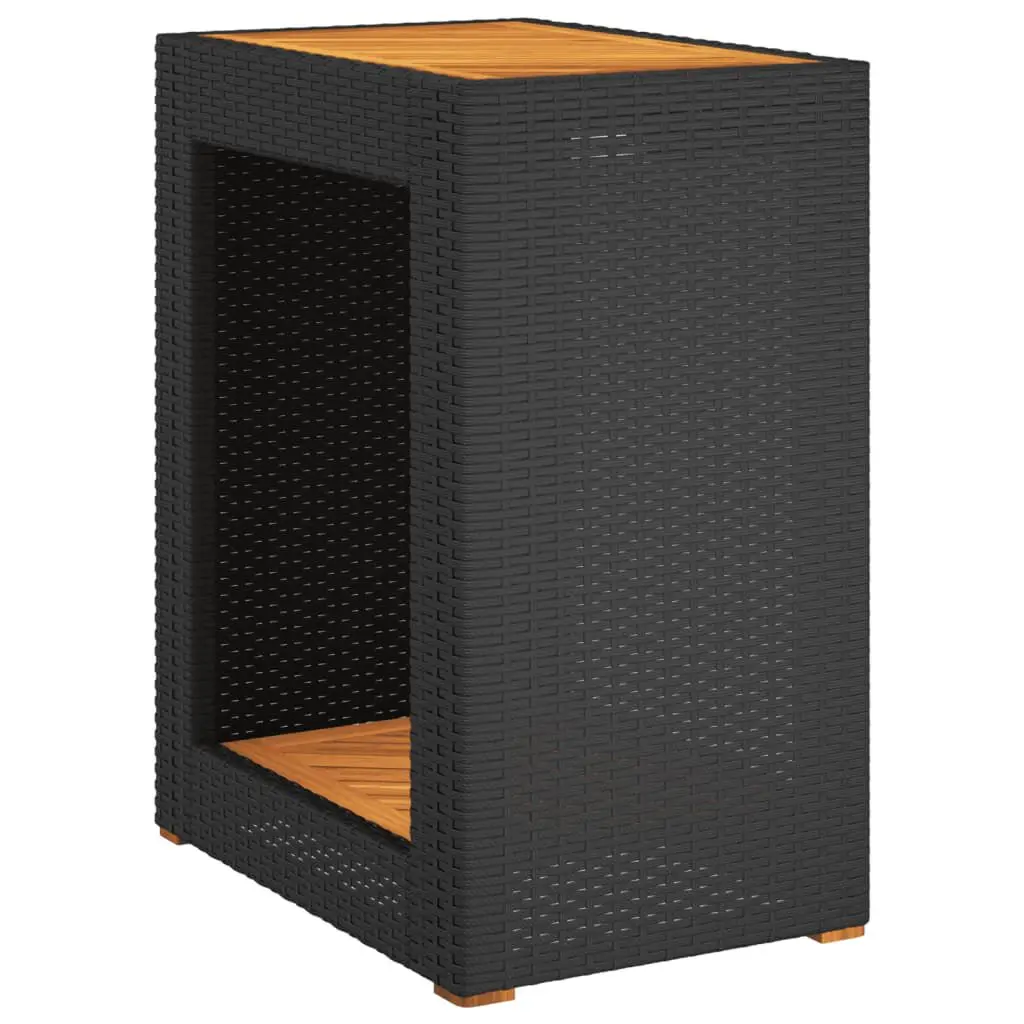 Patio Side Table Wooden Top Black 23.6x15.7x29.5 Inches Poly Rattan Outdoor Table