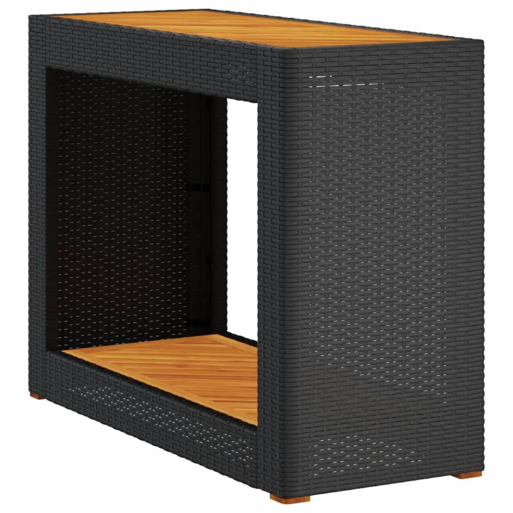 Patio Side Table Wooden Top Black 39.4x15.7x29.5 Inches Poly Rattan Outdoor Table