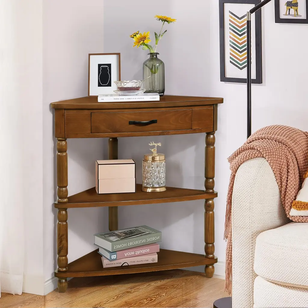 33.8 Inch Small Triangle Corner Table Timber Corner Side Table Small Spaces power growth furniture