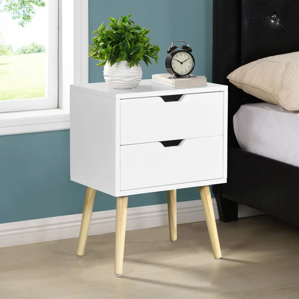 Mid Century Modern Side Table 2 Drawers and Rubber Wood Legs top corporation