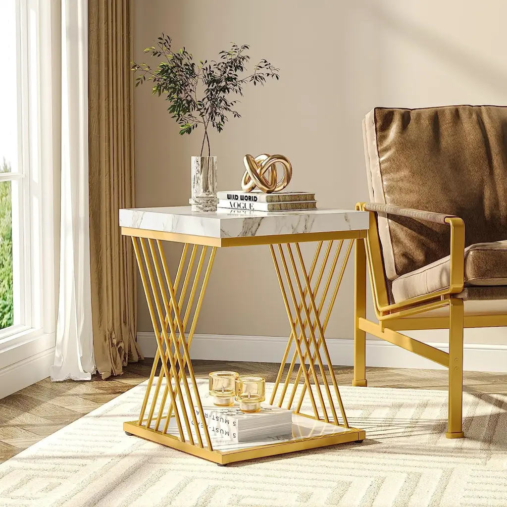 Square Side Table White Gold End Table 2-Tier Modern Bedside Table Storage Tribesigns