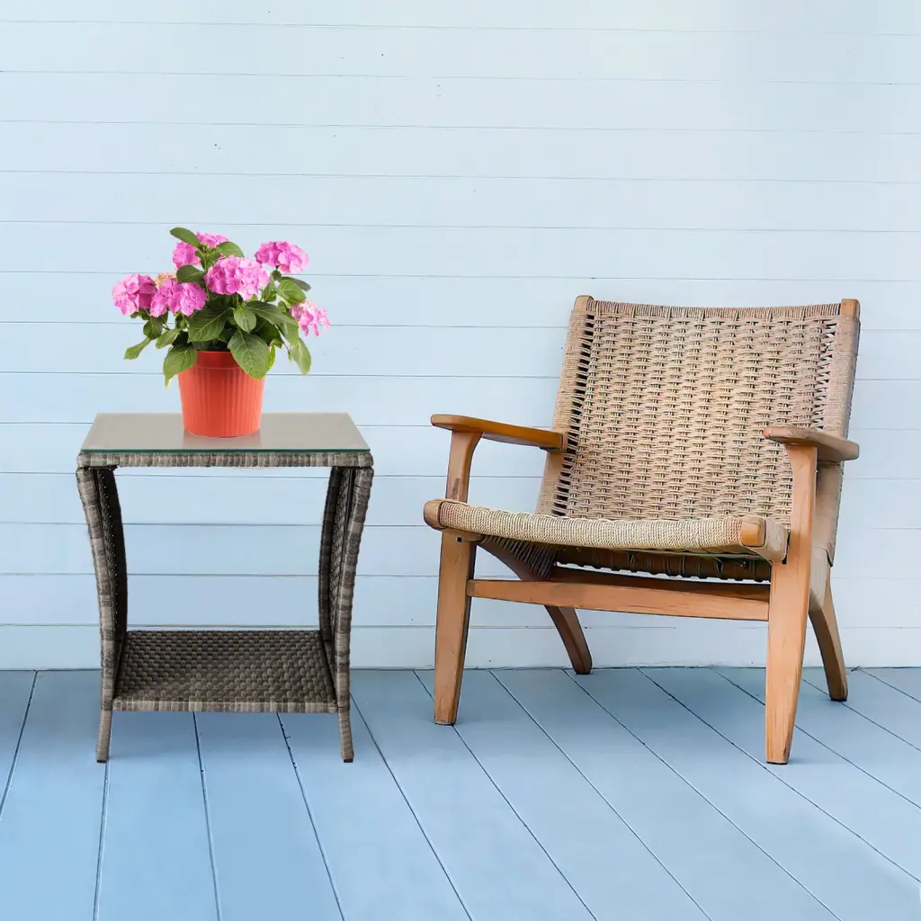 UBesGoo Gray PE Rattan Woven Patio Side Table Tempered Glass Top