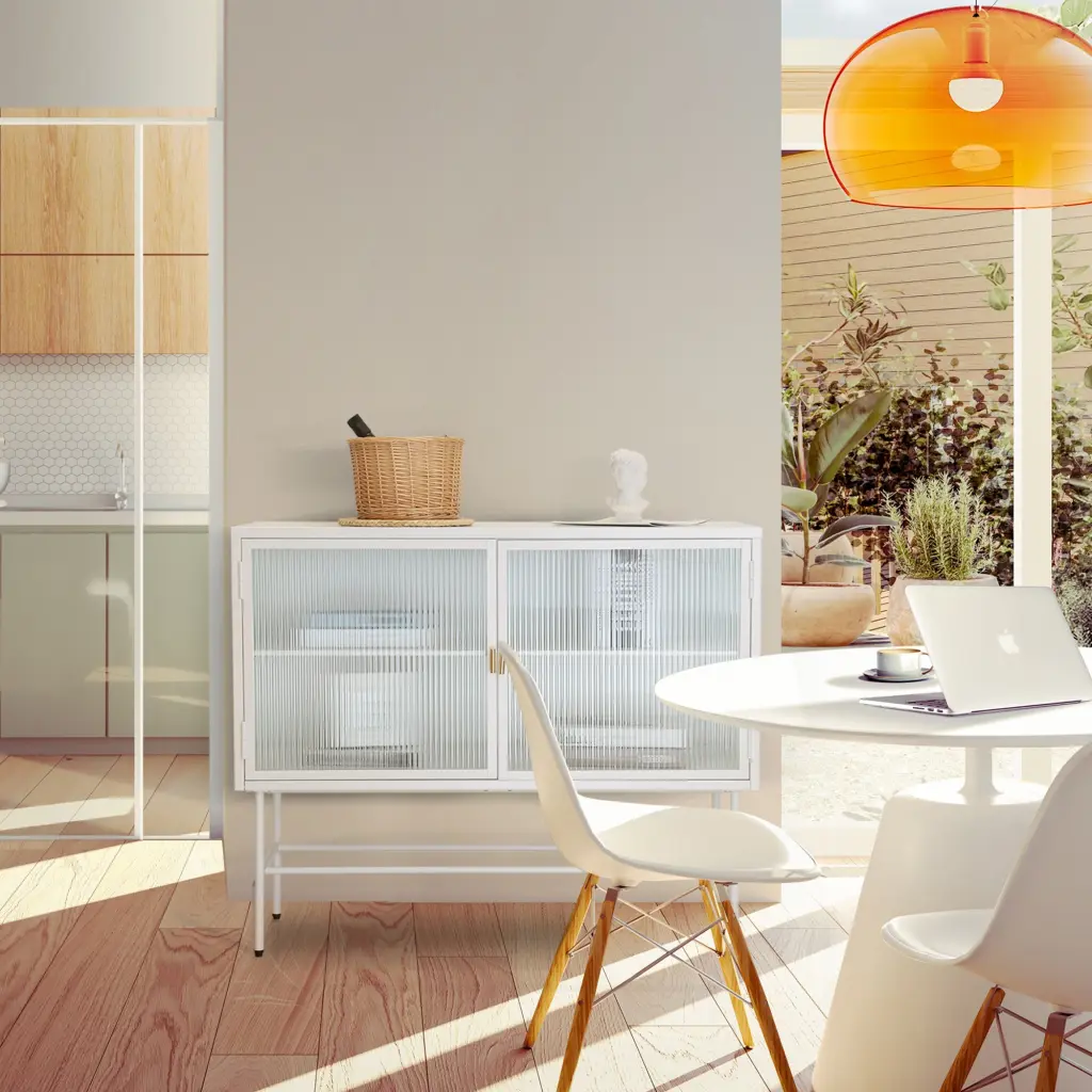 White Sideboard Storage Cabinet Two Fluted Crystal Doors Detachable Dining Room golden walnut
