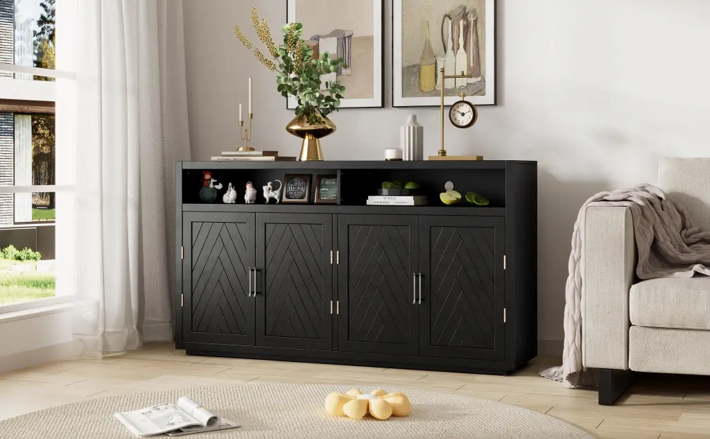4 Door Timeless Sideboard Open Storage and Customizable Shelves - Perfect Living Room rnb