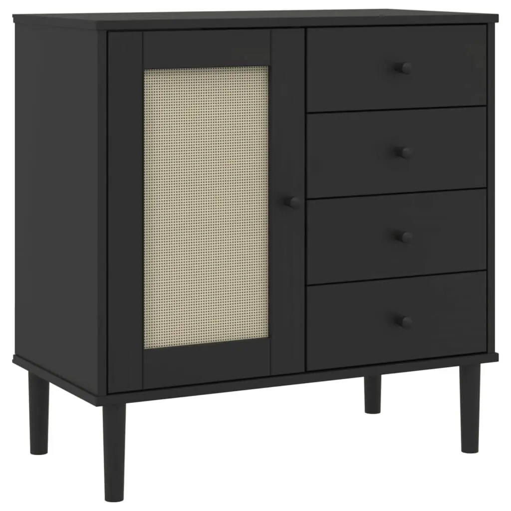 Sideboard SENJA Rattan Look Black 31.5 Inch Solid Wood Pine Storage Cabinet