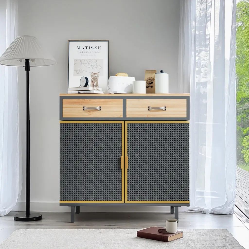 31.5 Inch Wide 2 Drawer Sideboard Modern Furniture Decor Iron Frame spribung