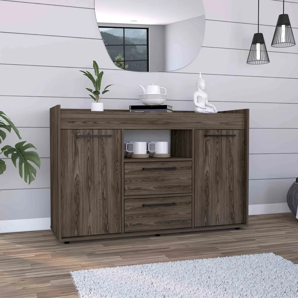 Lyon Sideboard Two Drawers and Double Door Cabinets Dark Walnut Brown tuhome