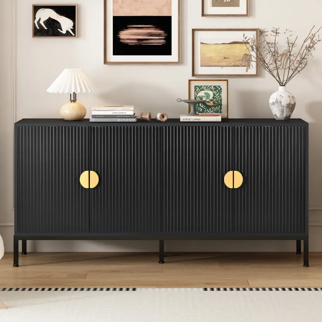 Exquisite Vertical Striped Four Door Sideboard Sturdy Metallic Legs u_style