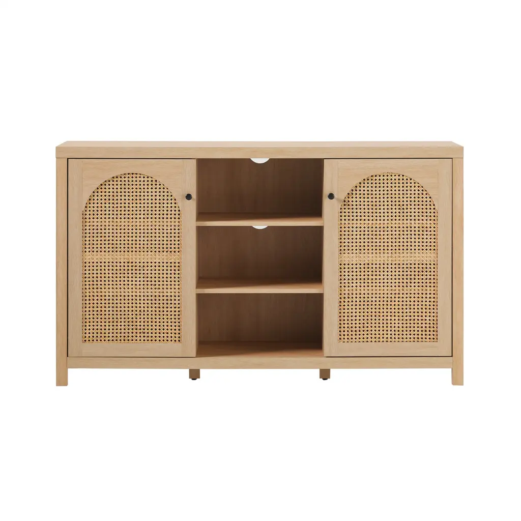 Transitional 58 Inch 2 Door Sideboard Arched Rattan Panels Black Living Room Storage Cabinet walker edison