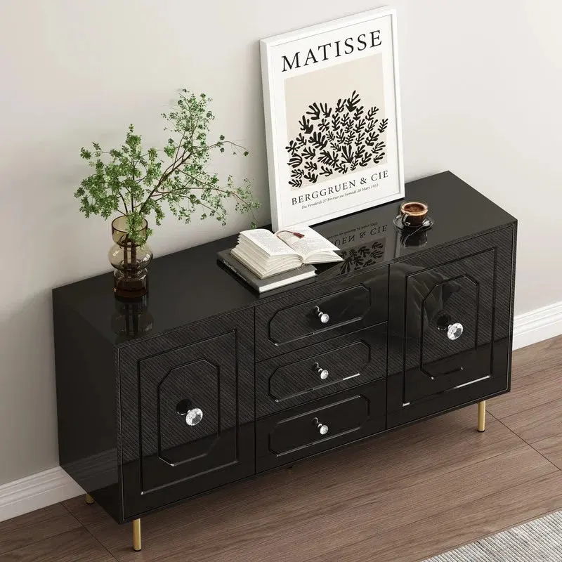 59 Inch 2 Door 3 Drawer Timber Black High Gloss Finish Sideboard glam furniture