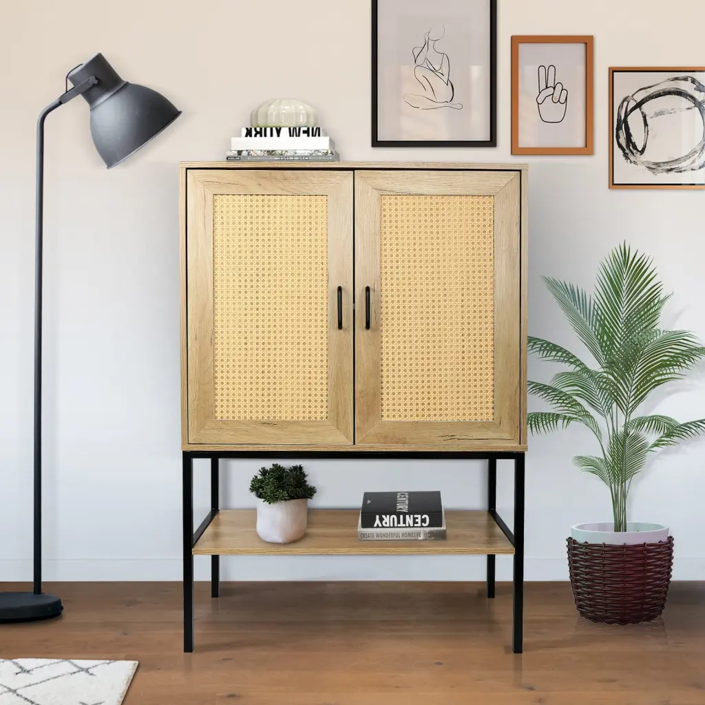 31.5 Inch Wide 2 Rattan Doors Free Standing Sideboard Storage Cabinet golden walnut