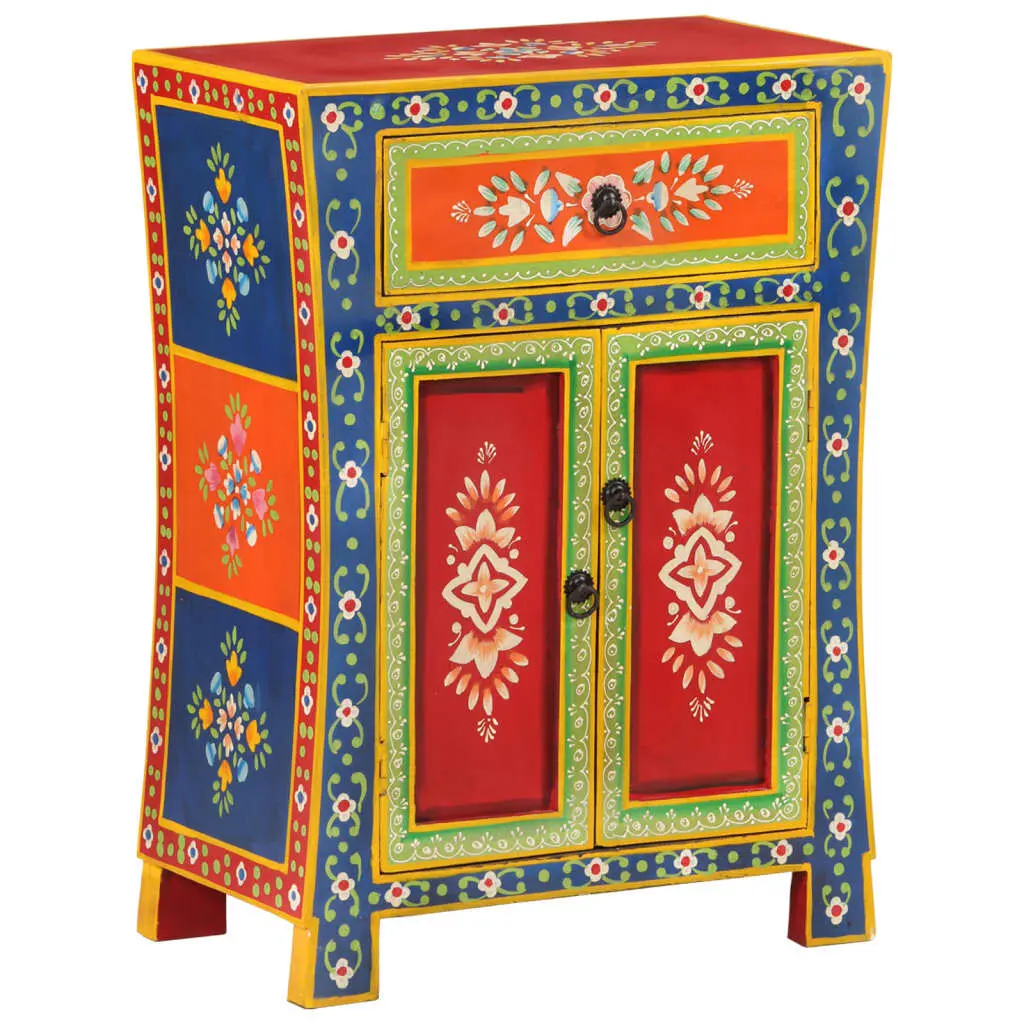 Hand Painted Sideboard 21.3x11.8x29.1 Inches Solid Wood Mango Vintage Storage Cabinet
