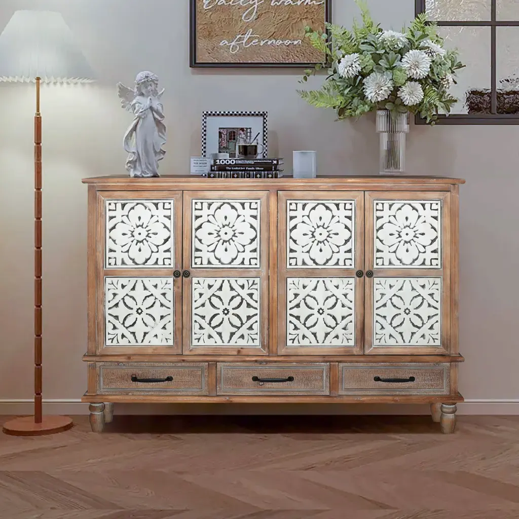 59.06 Inch Natural Wood Sideboard Cabinet 4 Doors 3 Drawers Storage rnb