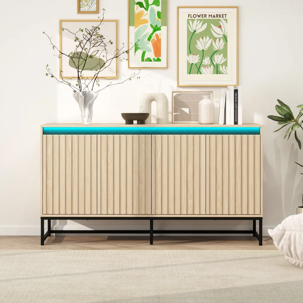 Carved 4 Door Sideboard LED Lights Modern Buffet Storage Cabinet rnb