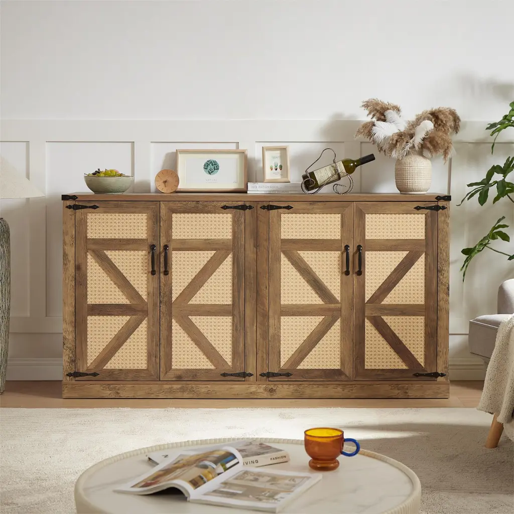 65 Inch Rustic Oak Faux Rattan Sideboard Barn Door Style rnb