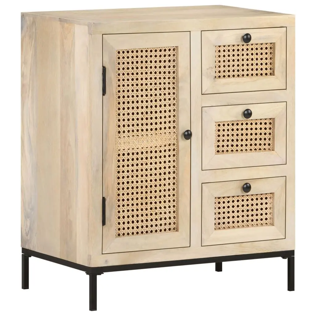 Sideboard 23.6x13.8x27.6 Inches Solid Mango Wood and Natural Cane Storage Cabinet