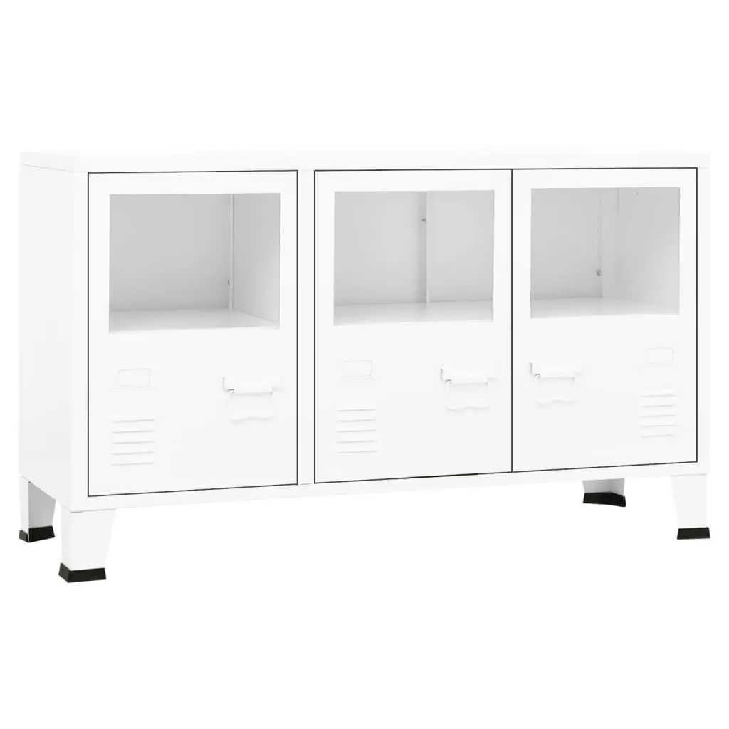 White Industrial Sideboard Metal and Glass 41.3 Inch Modern Storage Cabinet