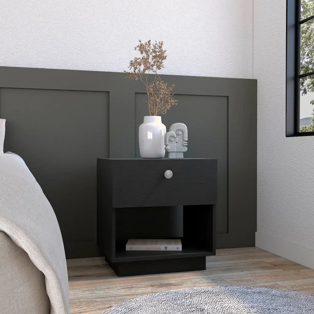 Single Drawer Nightstand 19 Inches Height Open Storage Shelf Black Finish rta mubles colombia