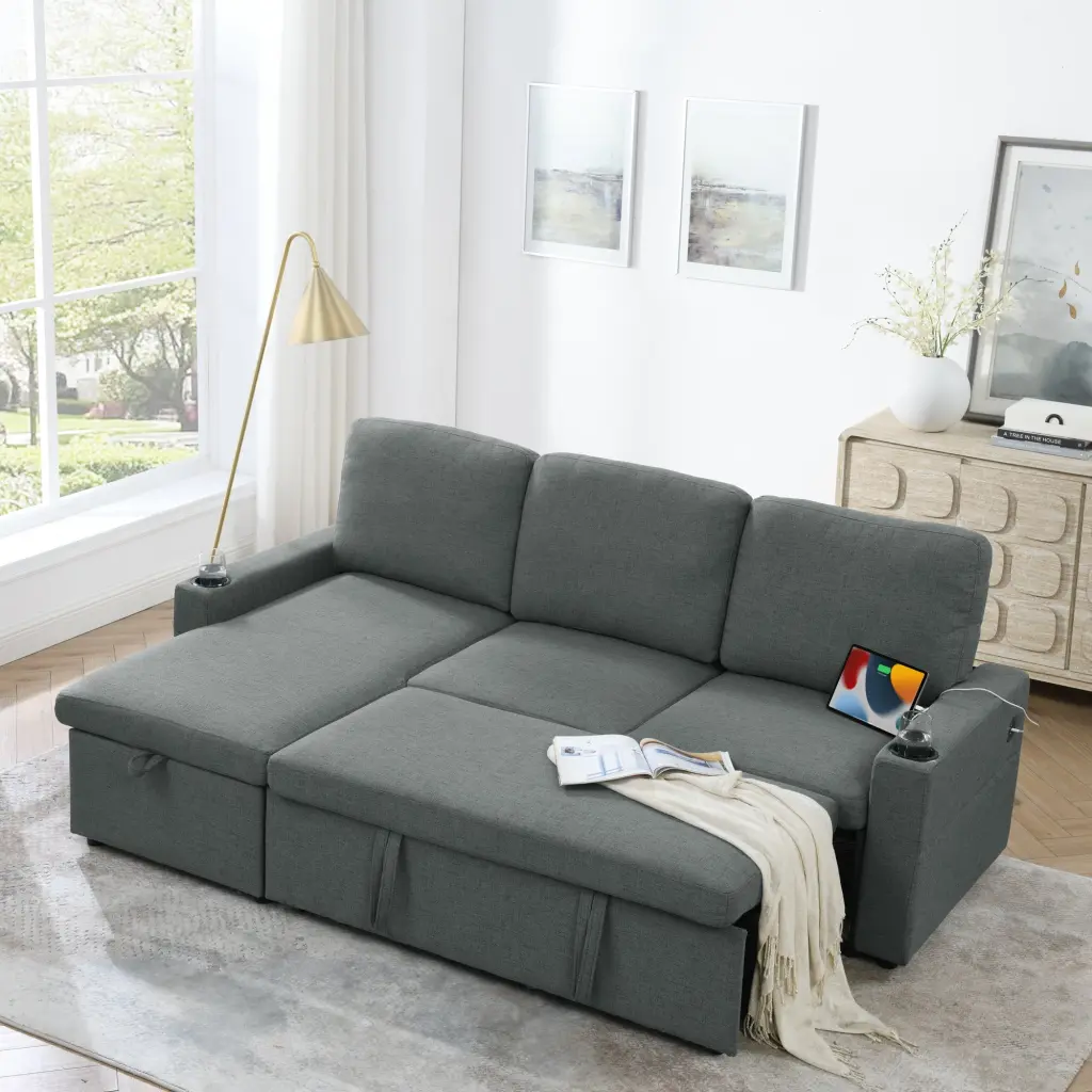 Linen Upholstered Sleeper Sectional Sofa Modular Convertible Living Room Furniture chuangyuan smart home