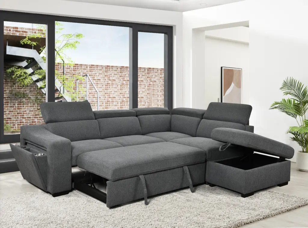 105 Inch Influence Sectional Sofa Pull Out Bed and Ottoman Storage Space happy home