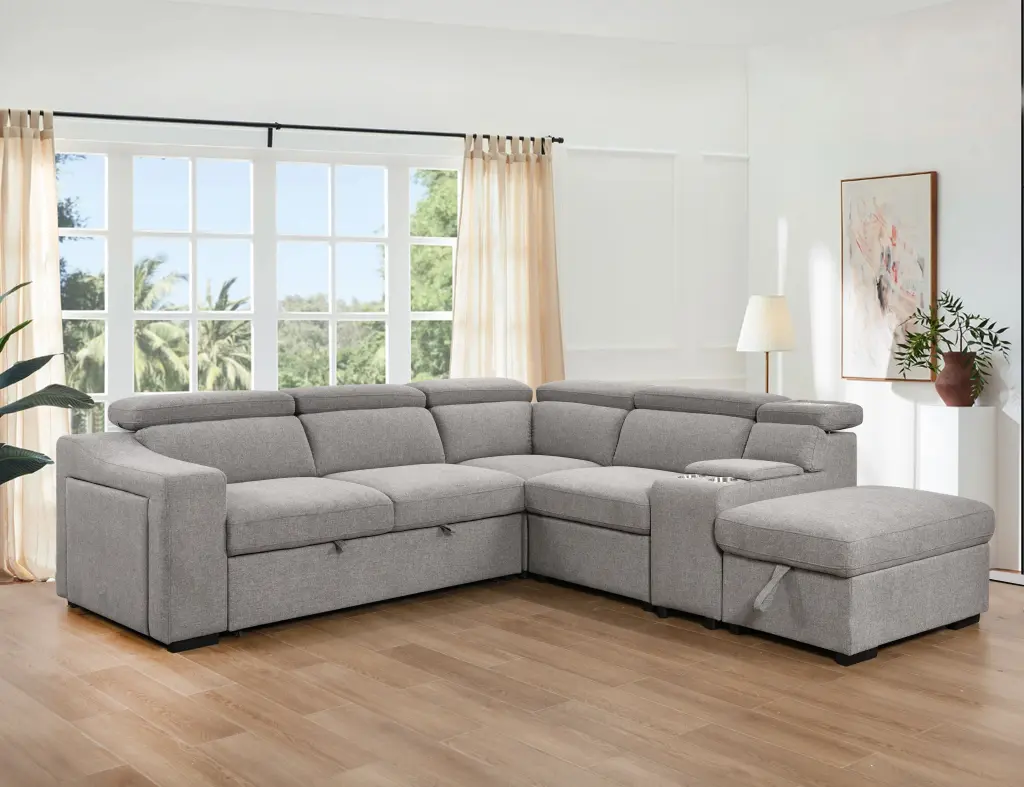 105 Inch L-Shaped Sectional Sofa Pull Out Bed and Ottoman Storage Space happy home