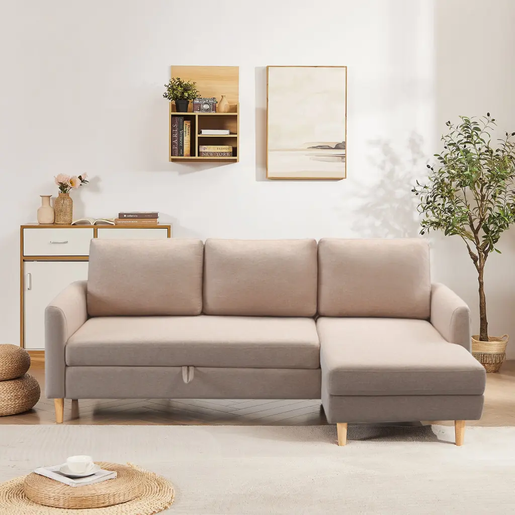 Customizable L Shaped Sofa Bed Chaise Beige Upholstered Material jsc furniture