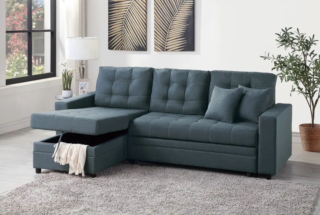 Blue Grey Convertible Sectional Pull Out Bed Sofa Chaise Reversible Sleeper kanepe