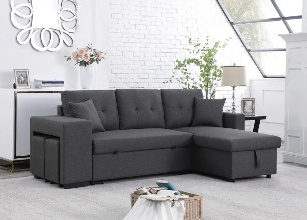 Dennis 93 Inch Dark Gray Linen Reversible Sleeper Sectional Sofa Storage lilola home