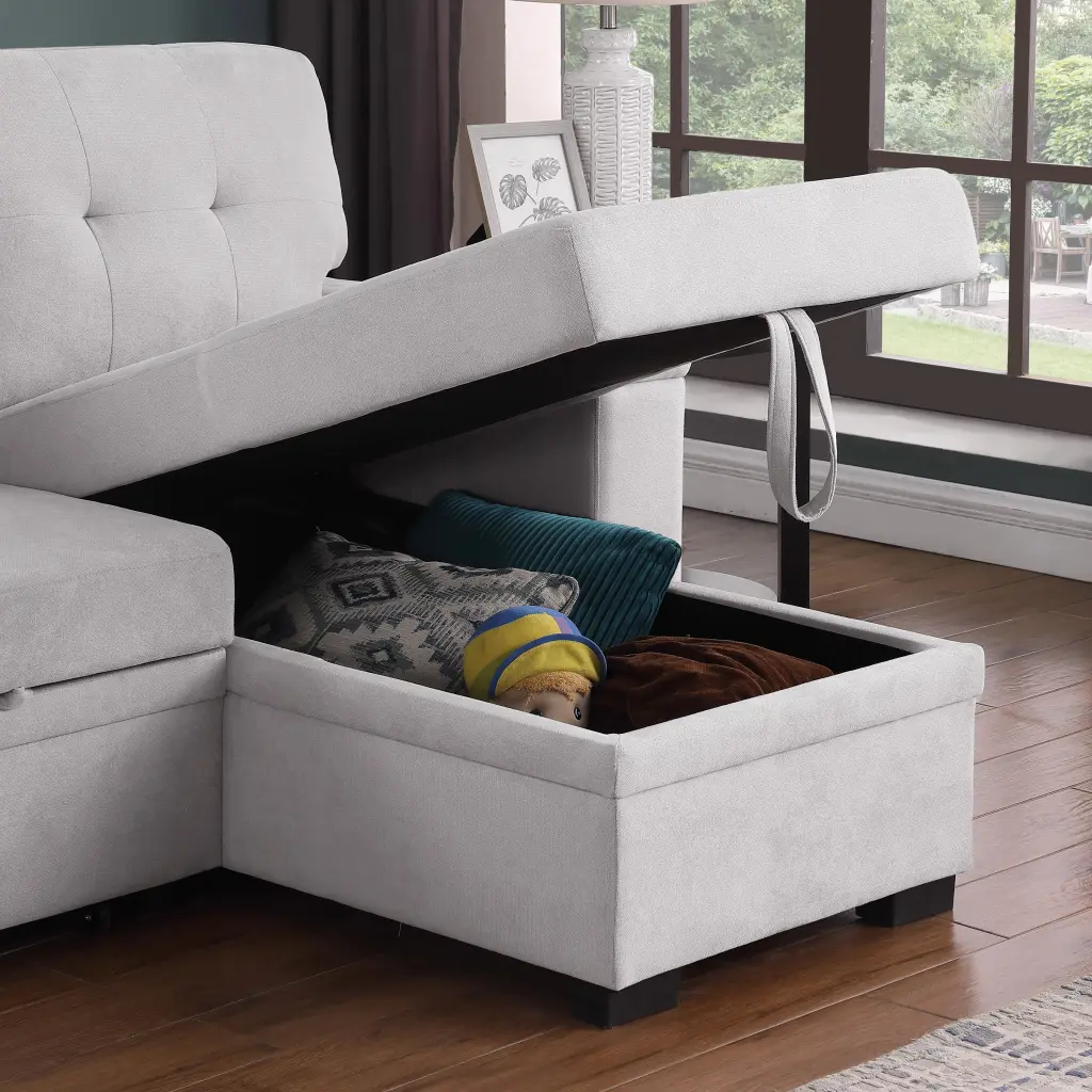 Lucca II 84.5 Inch Light Gray Reversible Sleeper Sectional Sofa Woven Fabric lilola home