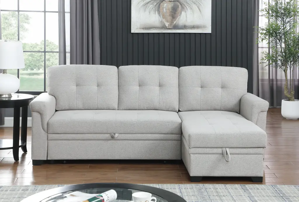 Lucca 84 Inch Light Gray Linen Reversible Sleeper Sectional Sofa Storage lilola home