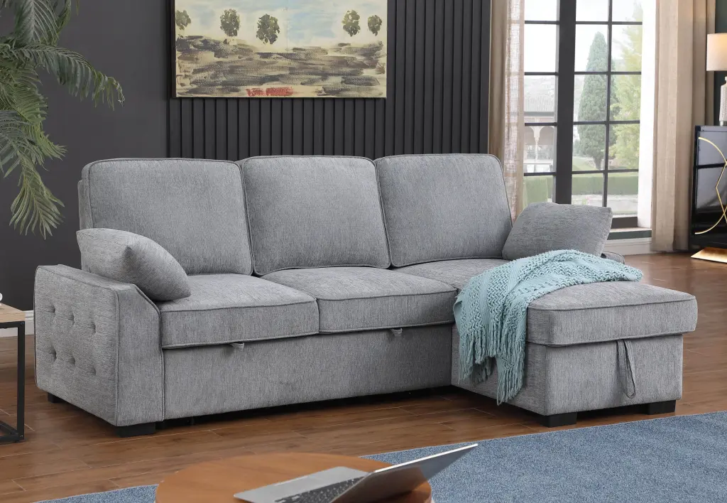 Mackenzie 91 Inch Light Gray Chenille Sleeper Sectional Sofa Right Chaise lilola home