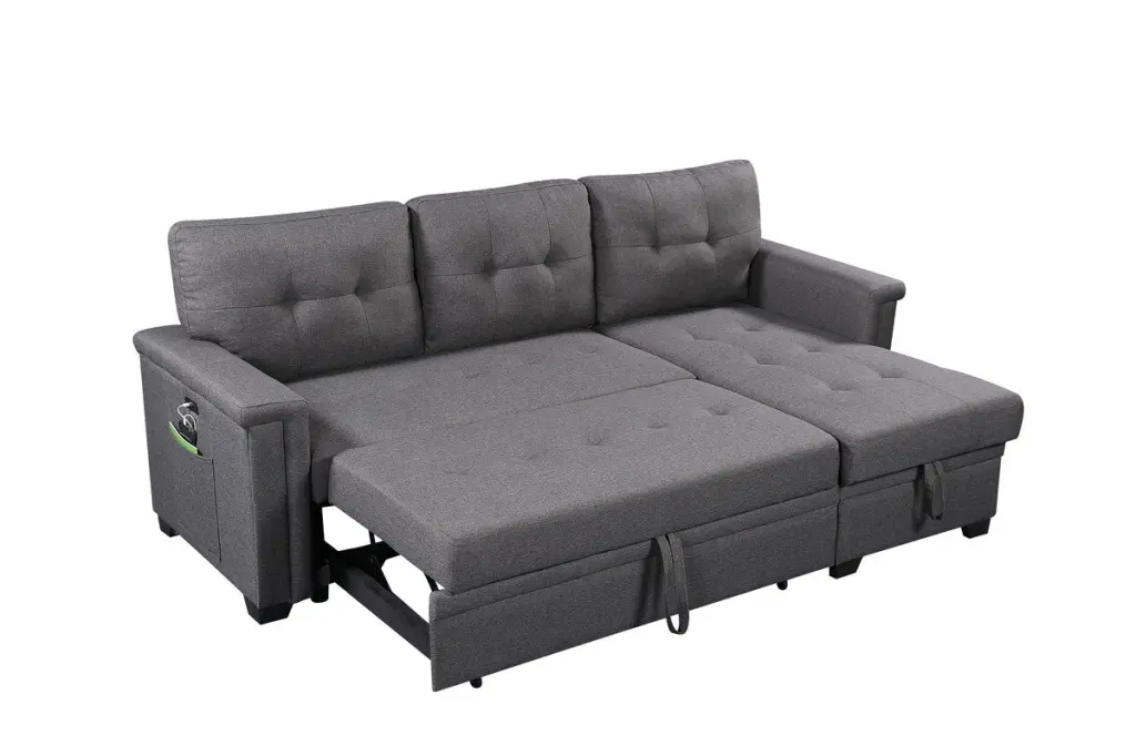 Nathan 84 Inch Dark Gray Reversible Sleeper Sectional Sofa Storage lilola home