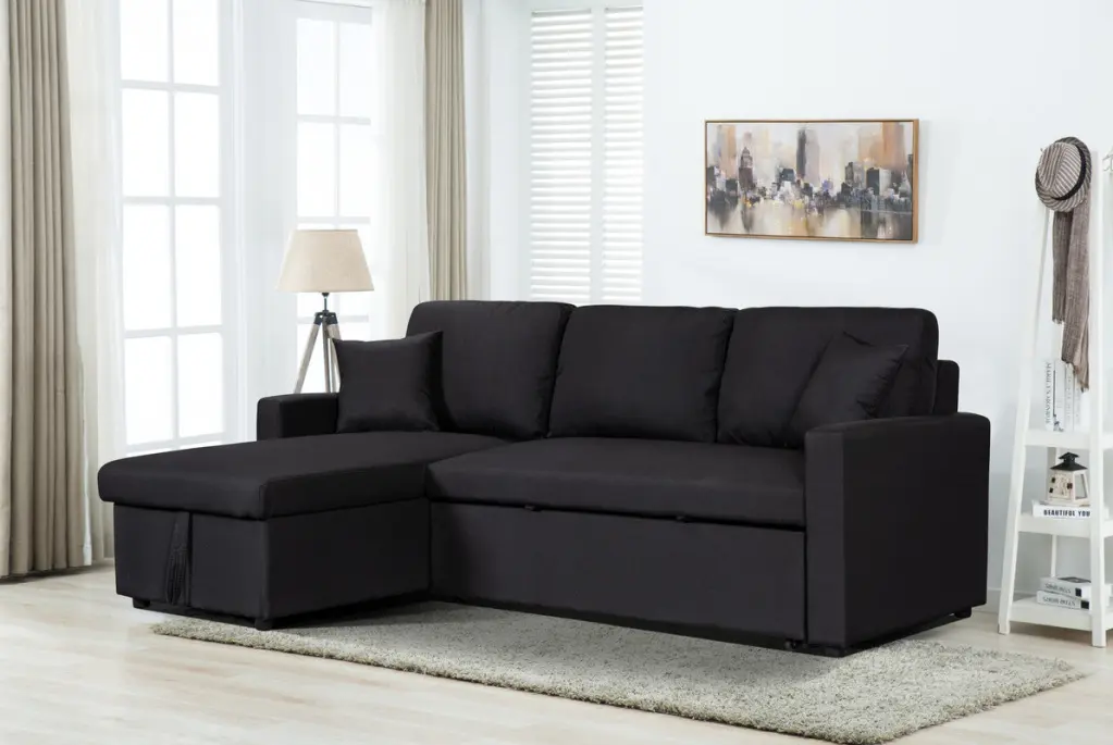 Paisley 82 Inch Black Linen Fabric Reversible Sleeper Sectional Sofa lilola home