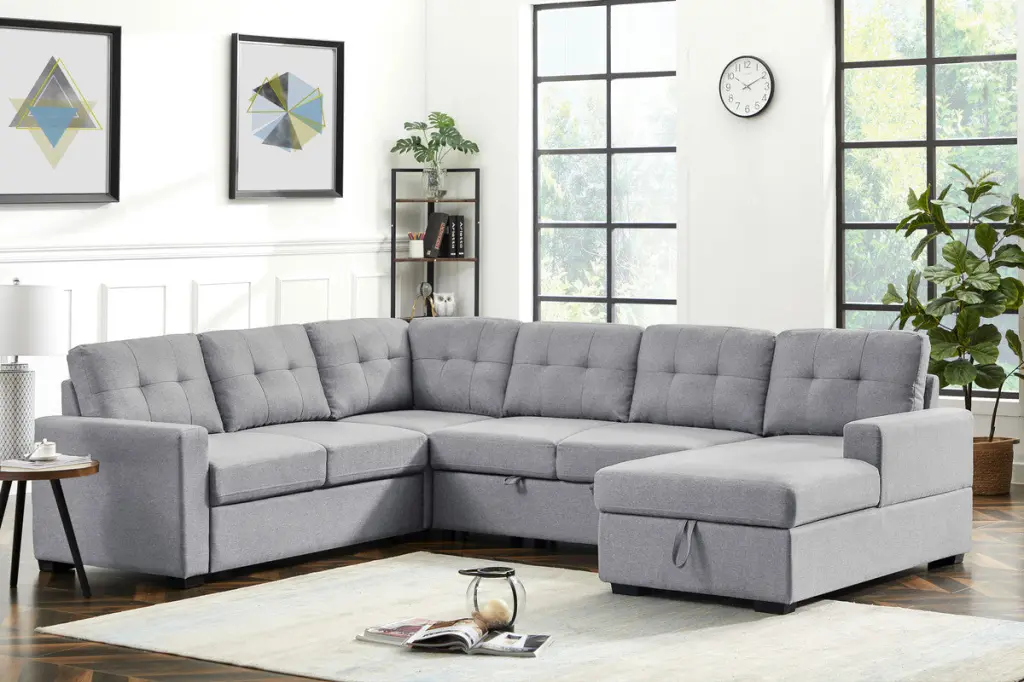 Selene 115.5 Inch Light Gray Linen Sleeper Sectional Sofa Storage lilola home