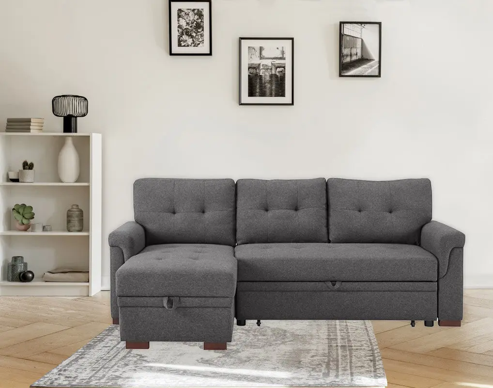 Sierra 84 Inch Dark Gray Linen Reversible Sleeper Sectional Sofa Storage lilola home