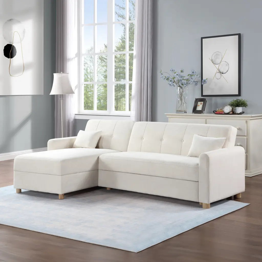 Thomas 99.5 Inch White Fabric Convertible Sleeper Sectional Sofa Reversible Chaise lilola home