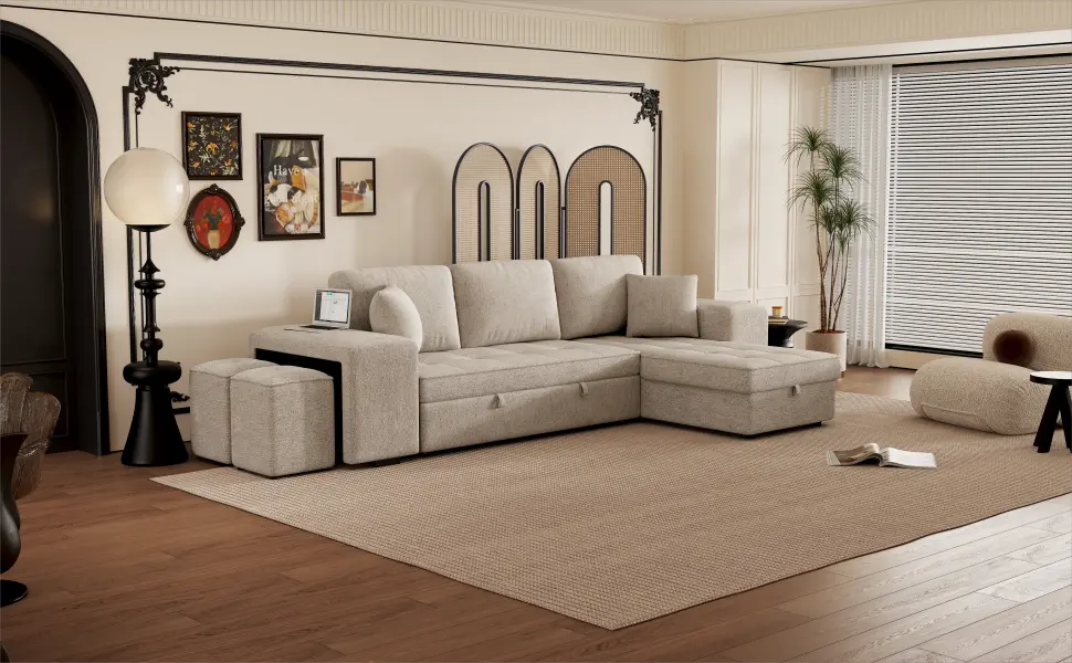 104.5 Inch Modern L Shape 3 Seat Reversible Sectional Couch Pull Out Sleeper rnb