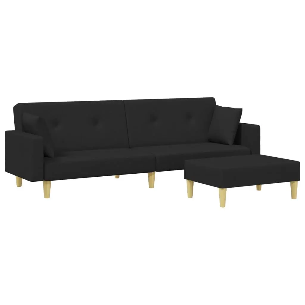 2-Seater Sofa Bed Footstool Black Fabric Convertible Sleeper Couch