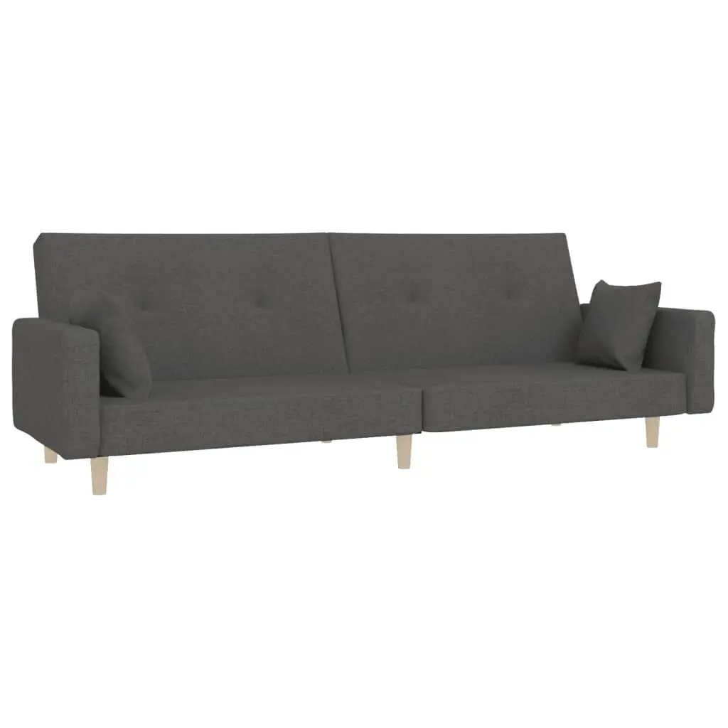 2-Seater Sofa Bed Two Pillows Dark Gray Fabric Convertible Couch