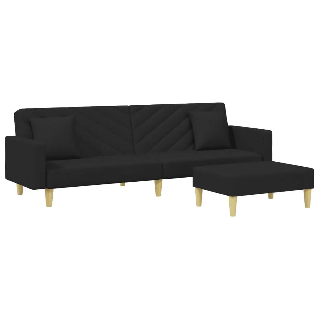 Black Fabric 2-Seater Sofa Bed Pillows and Footstool Convertible Furniture