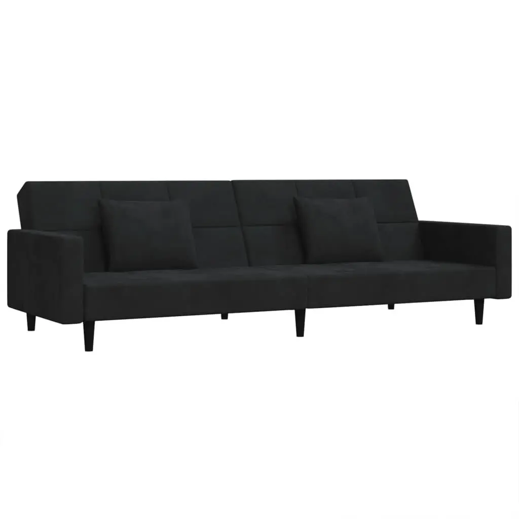 Black Velvet 2-Seater Sofa Bed Two Pillows Space Saving Convertible Furniture